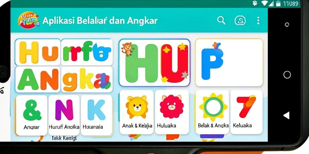 Antarmuka AYU89 dengan fitur belajar huruf dan angka yang menarik.