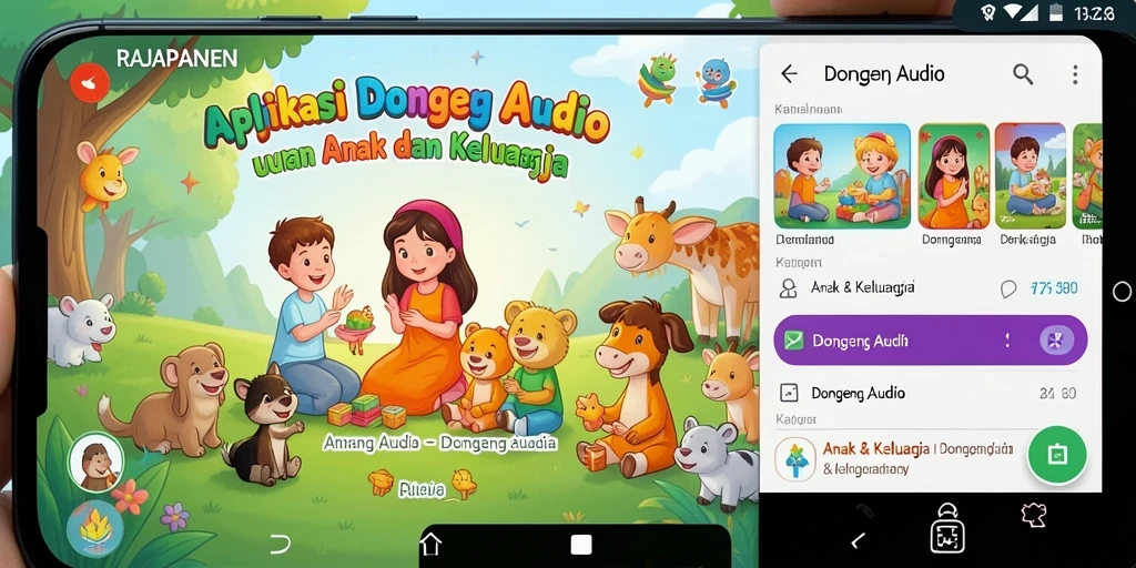 Tampilan antarmuka utama RAJAPANEN yang ramah anak untuk dongeng audio.